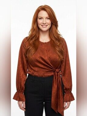 Size 0X Addition Elle Rust Tie-Front Long Sleeve Satin Print Blouse